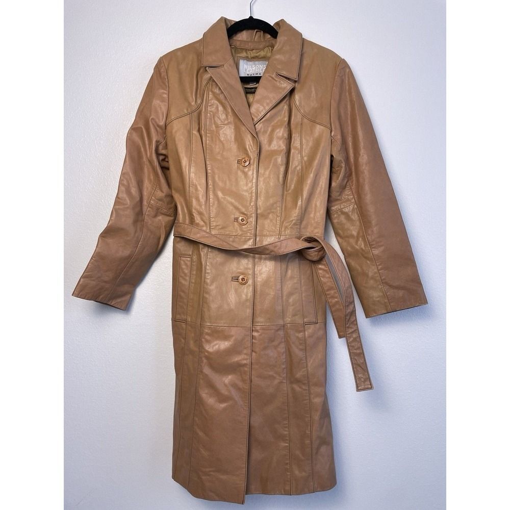 Vintage 90s 80s Wilson Leather Belted Trench Coat Womens XL Tan Camel Thinsulate